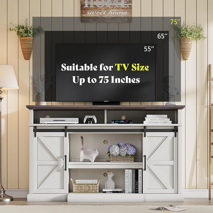 66" Farmhouse TV Stand for 75 Inch TVs, Rustic Media Console Table Storage - Image 3