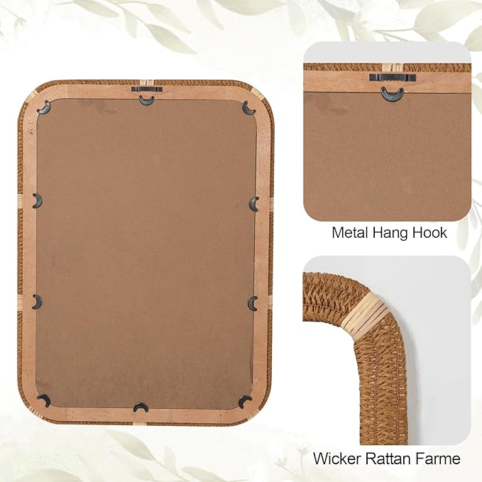 ULIKE Rectangle Rattan Wall Mirror, 22x30 Inch Rustic Farmhouse Wall Decor - Image 7