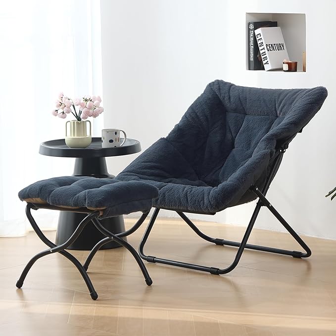 Saucer Chair with Ottoman, Comfy Doorm Chairs, Oversized Folding Faux Fur Chair - Image 6