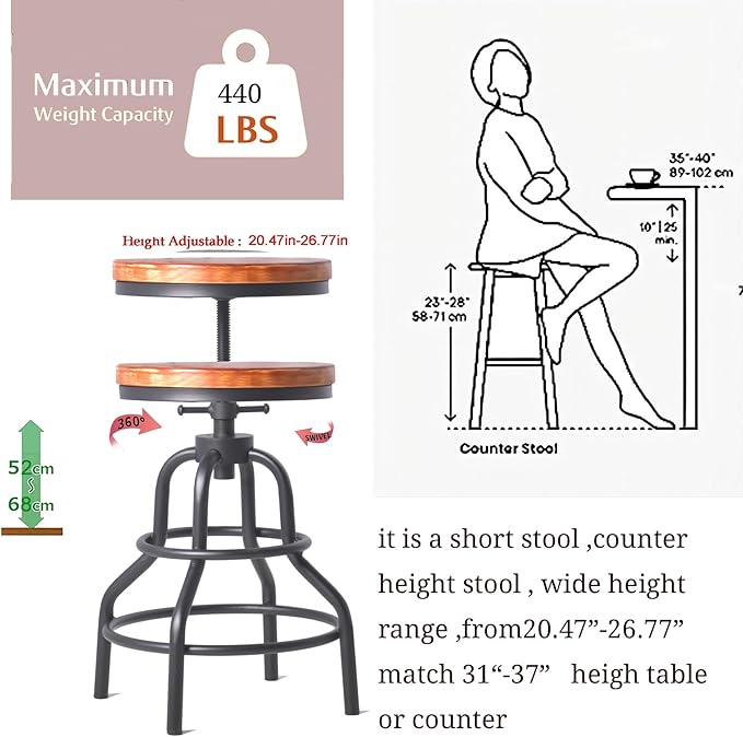 Diwhy Industrial Vintage Bar Stool, Kitchen Counter Height Adjustable Pipe Stool - Image 6