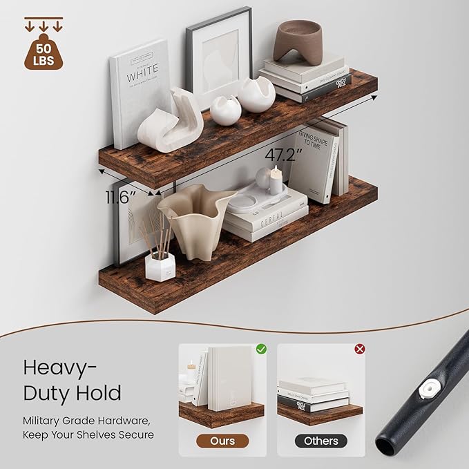 Heimlove 48W x 12D Long Floating Shelf, 12 Inch Deep Floating Shelves - Image 4