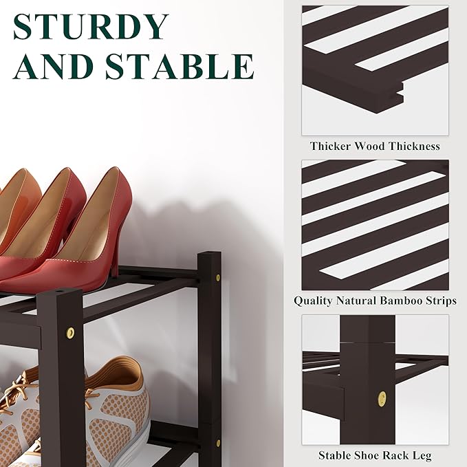 Smiry Shoe Rack, 3 Tier Long Bamboo Shoe Organizer, Stackable Free Standing - Image 2
