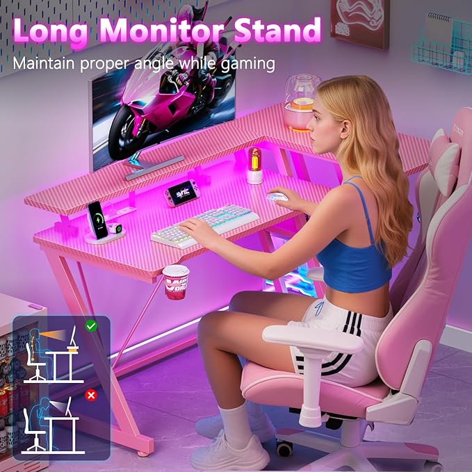47 Inch Pink Gaming Desk with Power Outlet & LED Lights, Corner Computer Desk - Image 7