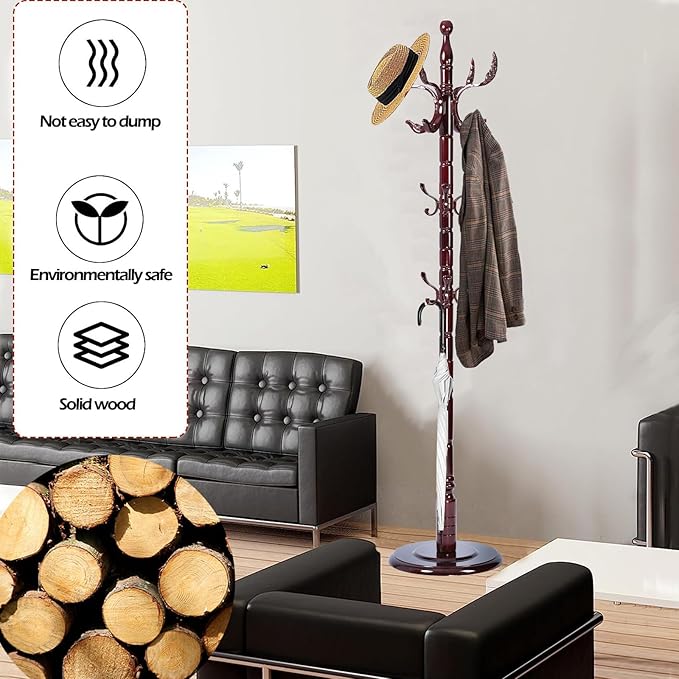 Coat Racks Free Standing with 14 Hooks, Natural Wood Coat Stands - Image 2