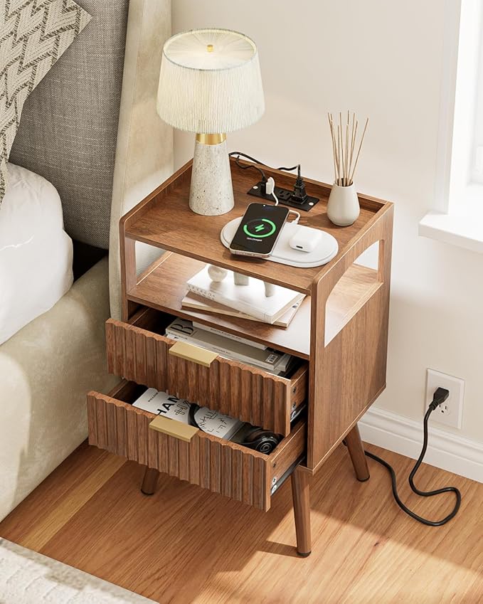 Nightstand with Charging Station and LED Lights, Modern Bedside Table with - Image 4