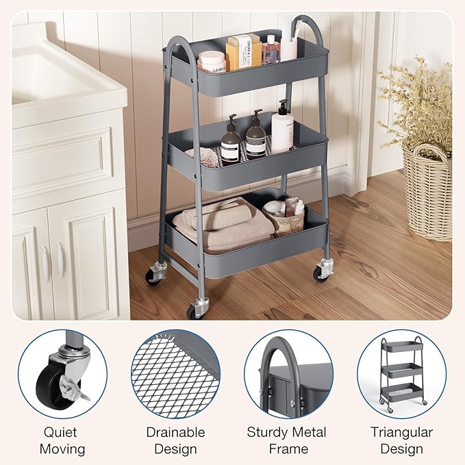 OLIXIS 3 Tier Utility Rolling Cart, Metal Mobile Storage Shelf - Image 2