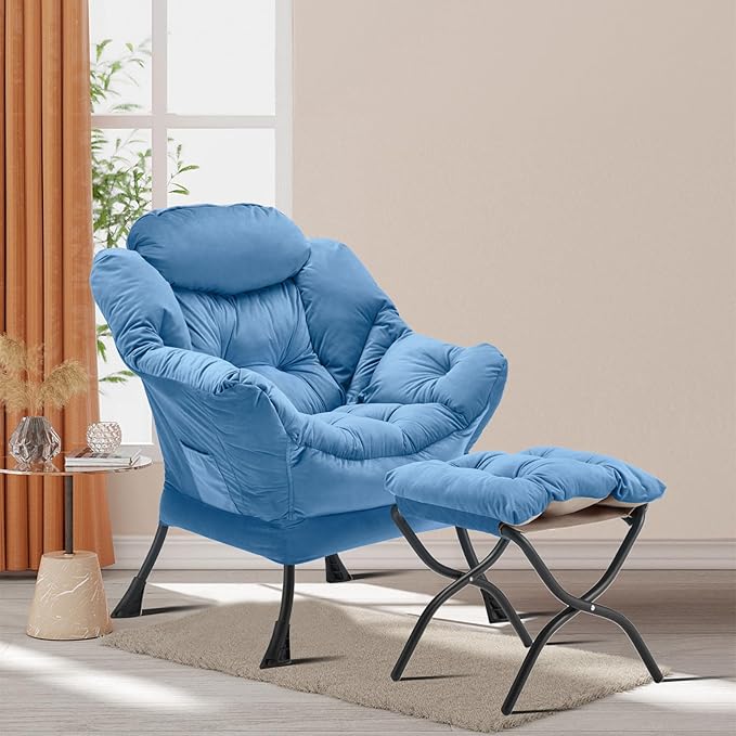 Lazy Chair with Folding Ottoman, Accent Chair Velvet Upholstered with Metal - Image 2