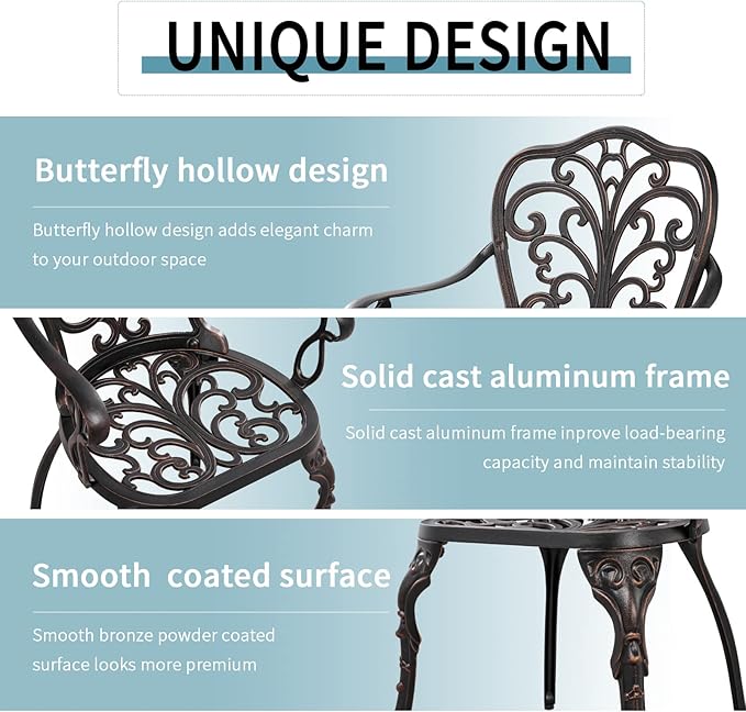 Outdoor Bistro Table and Chairs Set of 2 Cast Aluminum Patio Bistro Set - Image 5