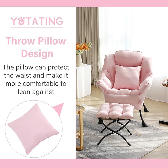 Lazy Chair with Ottoman, Comfy Reading Lounge Chair with Footstool & Throw - Image 9
