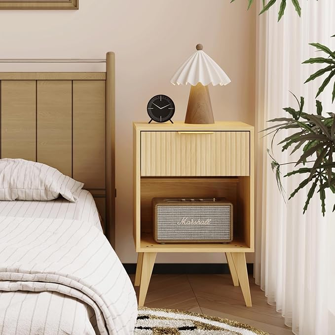 Fluted Night Stand with Opening Storage, Mid Century Bedside Table with Drawer - Image 4