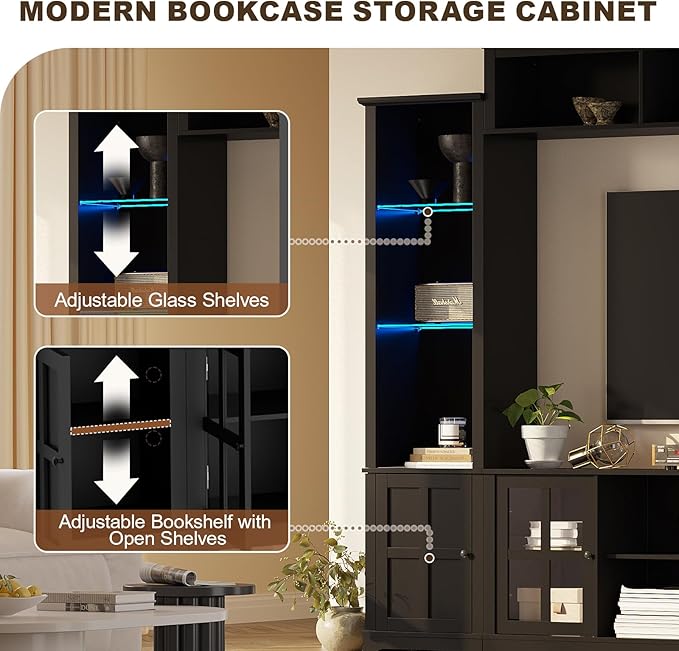 Wall Unit TV Stand with Storage & LED Lights, Large Entertainment Center with - Image 4