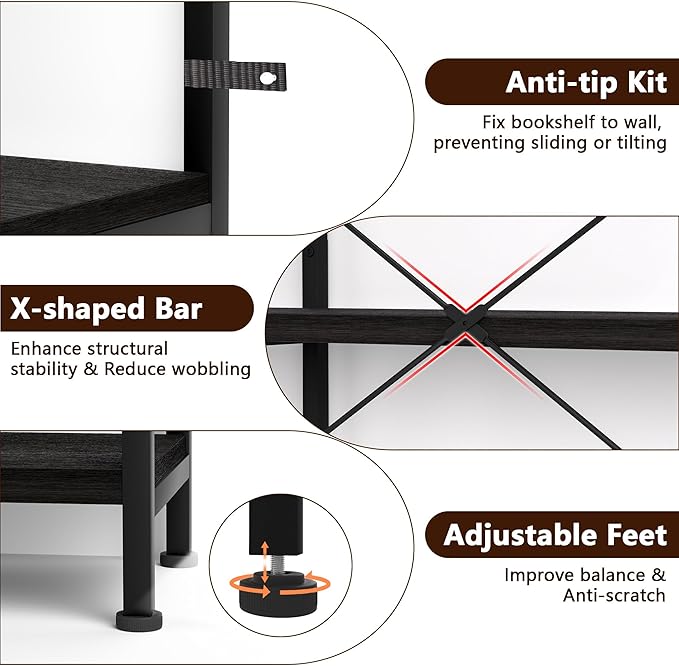 7-Tier Corner Bookshelf, Reversible Wooden Shelves, Industrial Bookcase - Image 4