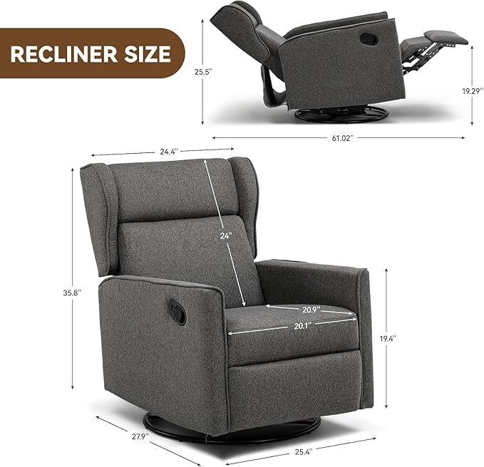 COMHOMA Rocking Recliner Chair, Swivel Glider Reclining Single Sofa Manual - Image 2