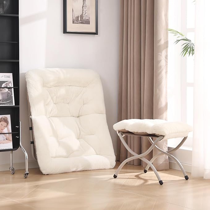 Saucer Chair with Ottoman, Comfy Oversized Folding Chair, Faux-Fur Reading Chair - Image 6
