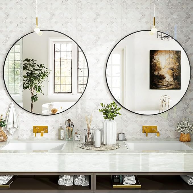 Black Round Bathroom Mirror, 24 inch Circle Wall Mounted Hanging Mirror - Image 5