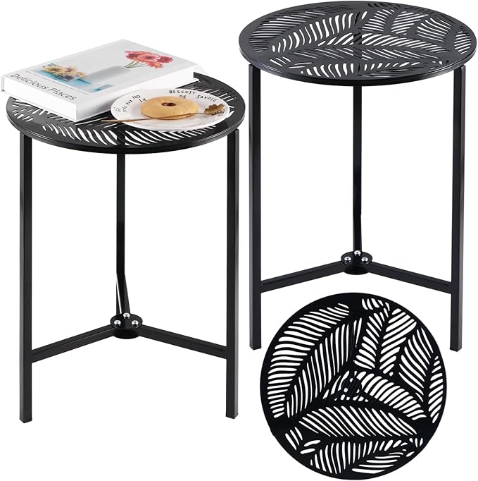 2 Packs 13" Metal Outdoor Side Tables Small Black Outside End Table by Party+Zealot