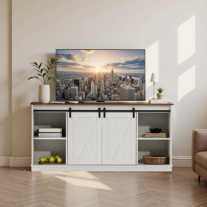 Sweetcrispy Farmhouse TV Stand for Living Room Bedroom White 65 Inch, Tall - Image 2