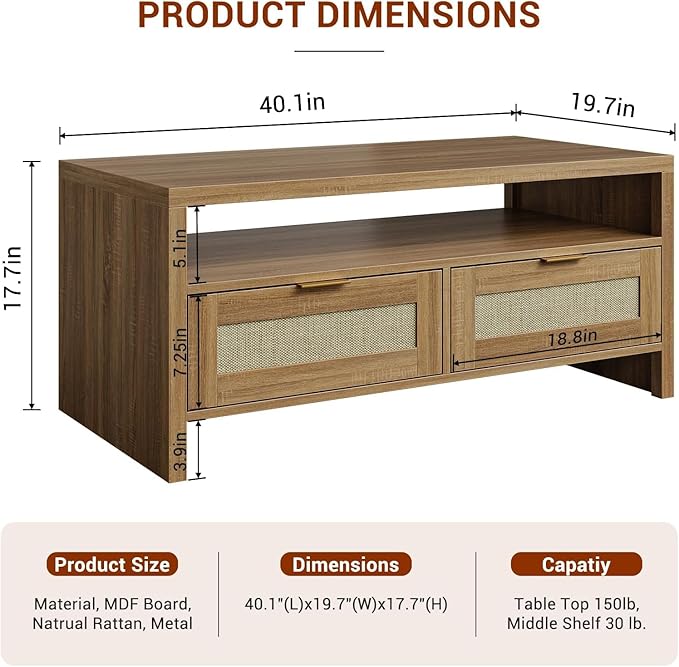 2 Tiers Boho Coffee Table with Storage, 40” Mid Century Rattan Console Table - Image 2