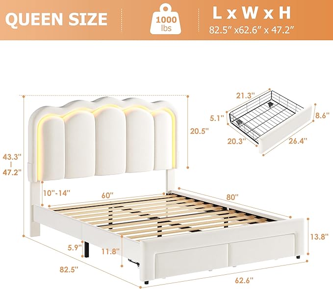 Queen Upholstered LED Bed Frame - Image 2