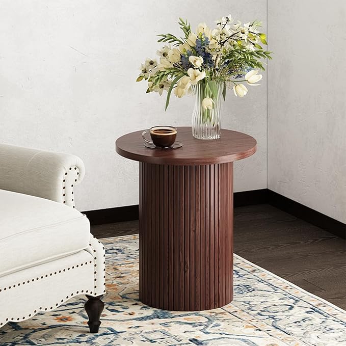 Walnut Pedestal Side Table 16.93'' Dia, Mid Century Modern Farmhouse Accent End - Image 4