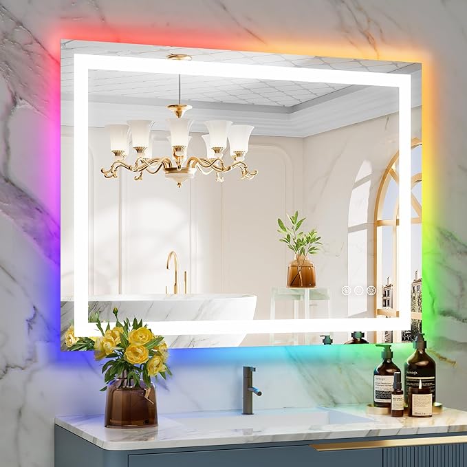 40x30 Inch RGB LED Bathroom Mirror Front Light and RGB Backlit Lighted Vanity by YEELAIT