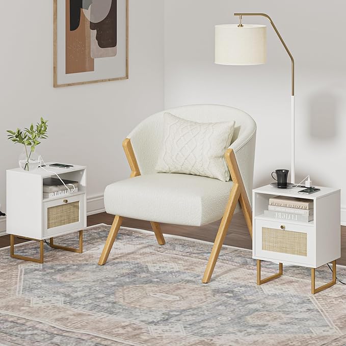 Masupu Rattan Nightstand with Charging Station, Modern Boho Farmhouse Wood - Image 6