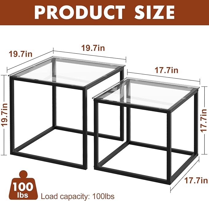 VILAWLENCE Coffee Table Set of 2, Modern Black Glass Side Table, Metal Frame - Image 2