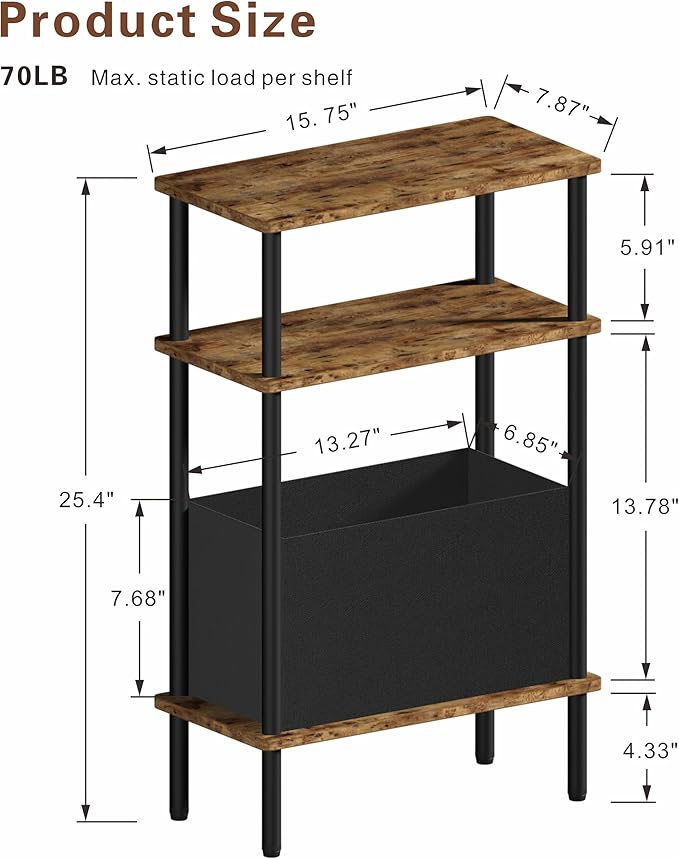 Narrow Side Table with Fabric Basket, Slim Nightstand with 3-Tier Storage Shelf - Image 3