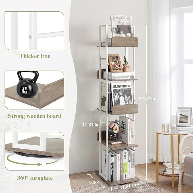 Bikoney Bookshelves 5-Tier, Rotating Bookshelf Tower - Image 4