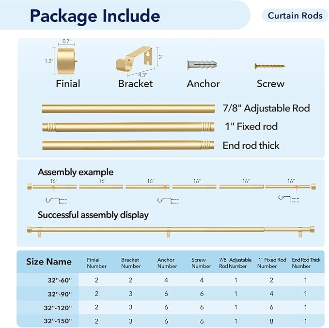 2 Pack Curtain Rods for Windows 72 to 144 Inch, 1 Inch Gold Curtain Rods Set - Image 6