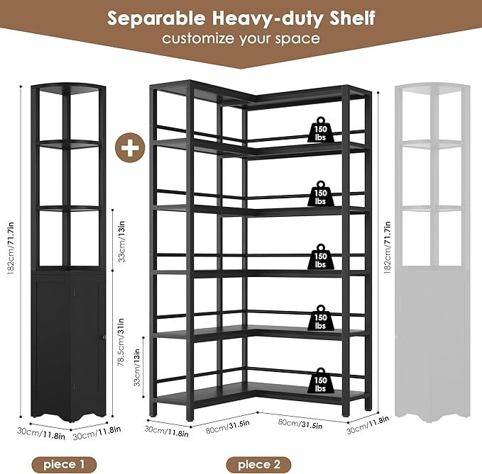 Keyluv Black Corner Bookshelf 72" Tall Corner Book Shelves Cases 2 Pieces Open - Image 2