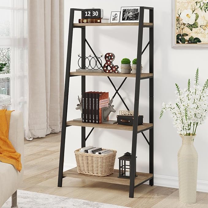 BON AUGURE Farmhouse Ladder Shelf Bookcase, 4 Tier Rustic Ladder Bookshelf - Image 9