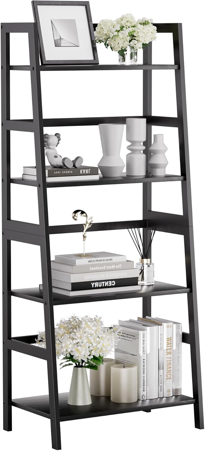 HITNET Ladder Shelf Black, 4-Tier Bookshelf, Freestanding Bathroom Storage Rack by HITNET