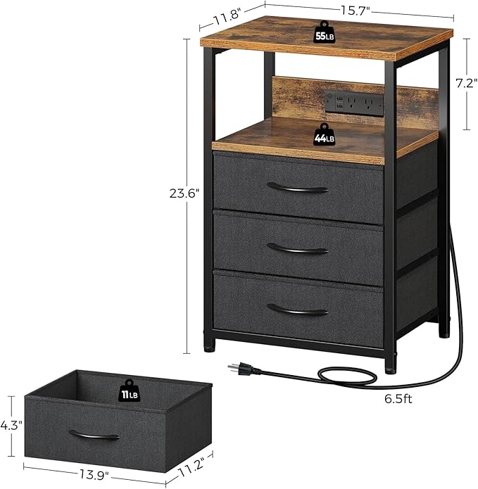 Seventable Nightstand with Charging Station and LED Light, Bedside End Table - Image 3