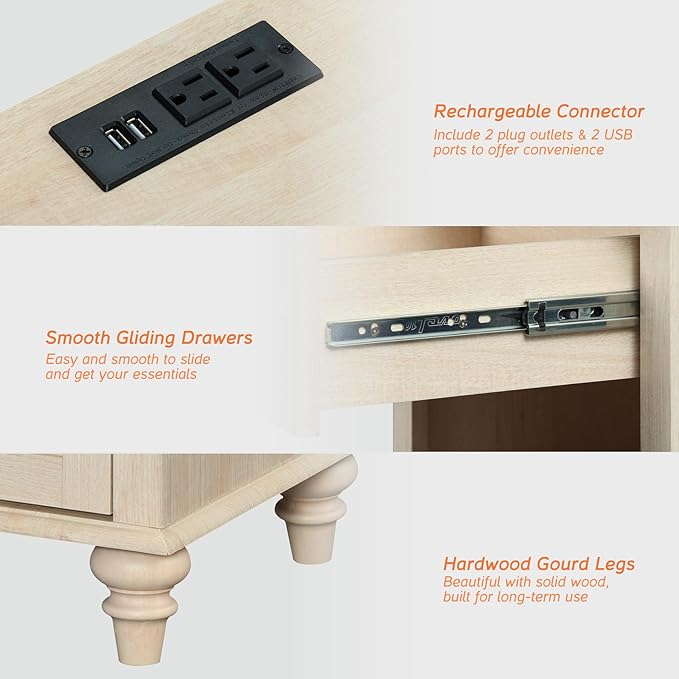 WAMPAT Beige Side Table with Charging Station, Elegant Nightstand - Image 6