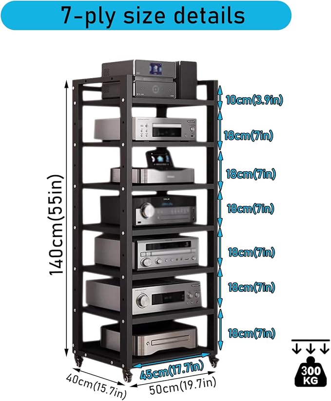7 Tier Audio Rack Tower, CD Record Player Stereo Receiver AV Equipment Cabinet - Image 2