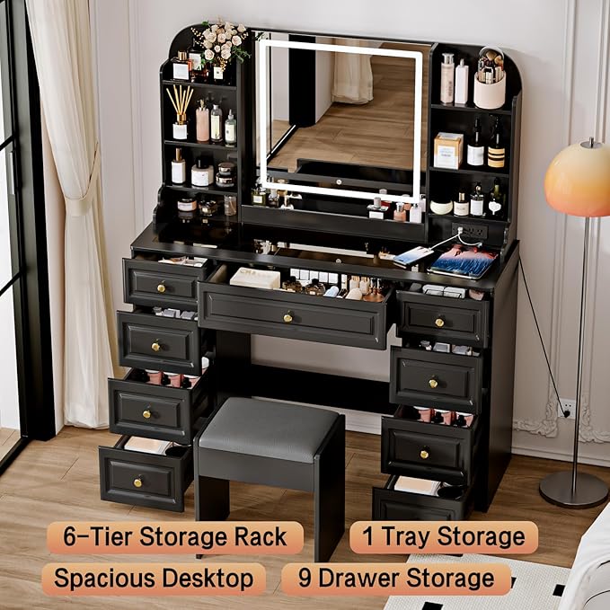 42" Makeup Vanity Desk with Mirror and Lights, & Power Outl, Glass Top Big - Image 2