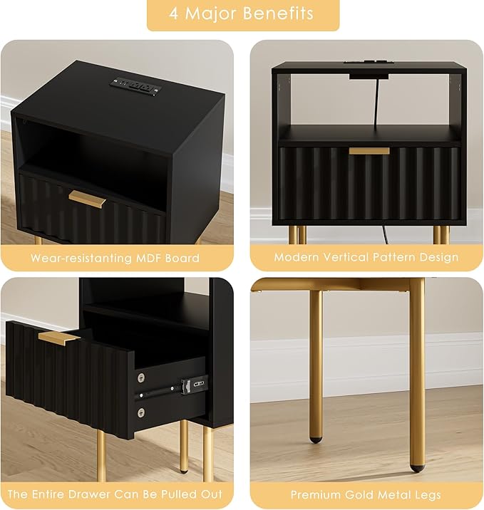 Masupu Nightstand with Charging Station, Mid-Century Modern Bedside Table with - Image 6