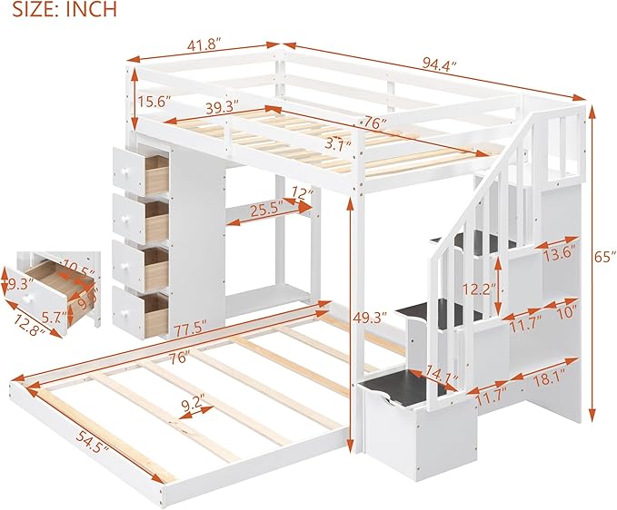 Twin Over Full Bunk Bed with 3-Layer Shelves, Wood L-Shape High Loftbed Frame - Image 2