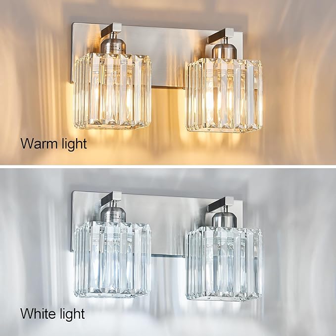 Modern Vanity Light 2-Lights Brushed Nickel Vanity Light Crystal Bathroom Wall - Image 4