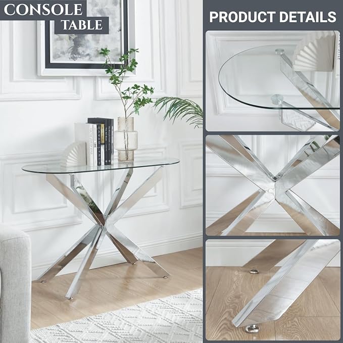 Modern Glass Oval Console Table, Entryway Hallway Narrow Sofa Table, Entrance - Image 4
