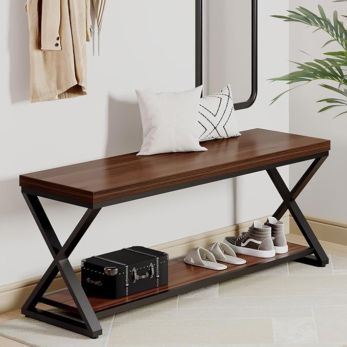 IBF Wood Entryway Bench Indoor, Industrial Wooden Metal Entry Shoe Storage - Image 3