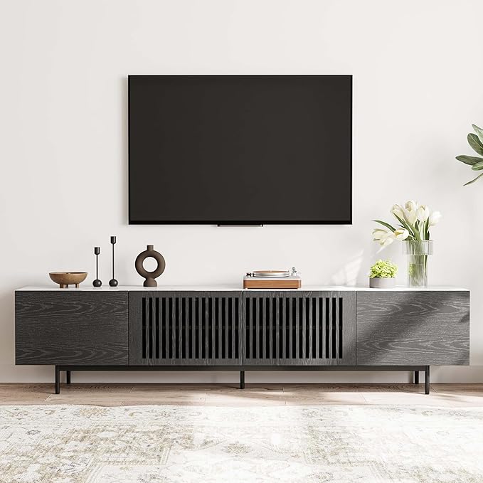 POVISON Mid Century Modern Sintered Stone TV Stand, Slatted Media Console TV - Image 2