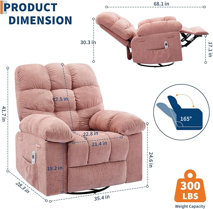 Rocking Recliner Chair with Vibration Massage & Heat, 360° Swivel Oversized - Image 3
