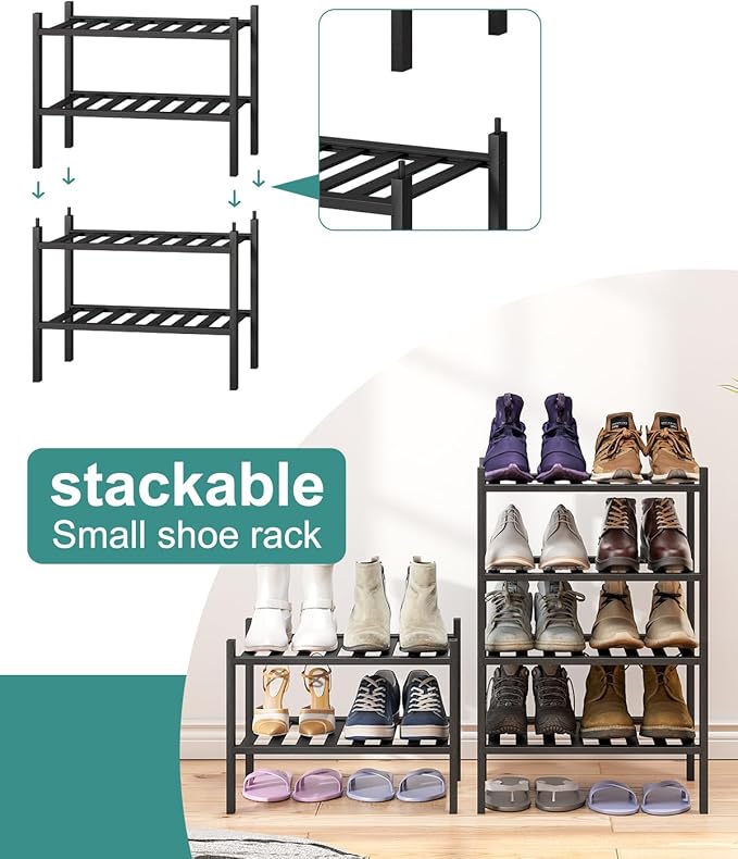 Black Small Shoe Rack for Entryway, 4-Tier Bamboo Shoe Organizer for Hallway - Image 4