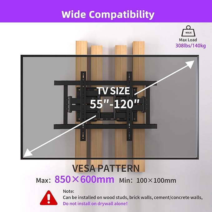 Full Motion TV Wall Mount for 55-120 Inch TVs, 308Lbs Heavy Duty, Ultra-Slim 8 - Image 3