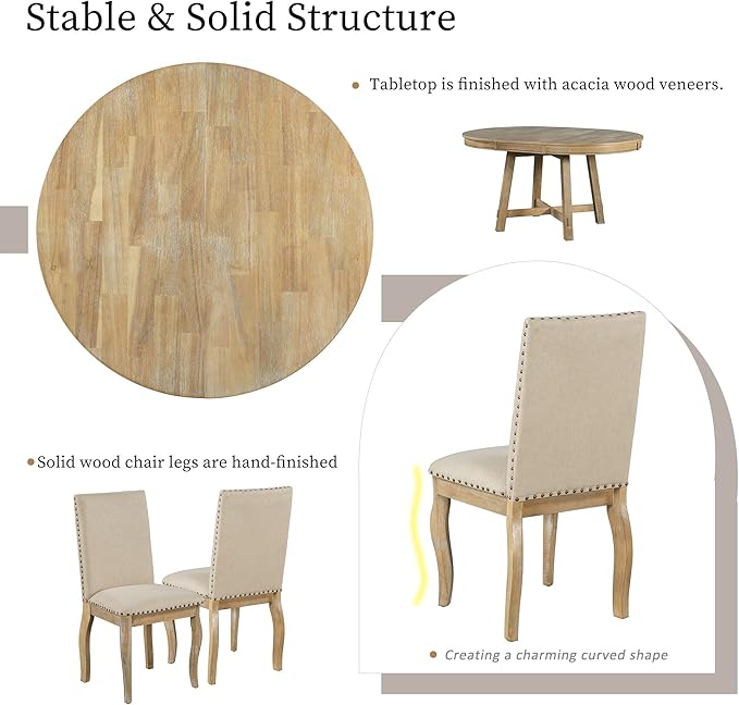 Merax 5-Piece Farmhouse Dining Furniture Set, Wooden Round Extendable Table - Image 4