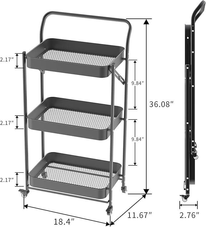 JAQ Foldable Rolling Cart, 3-Tier Metal Folding Storage Utility Carts Basket - Image 2