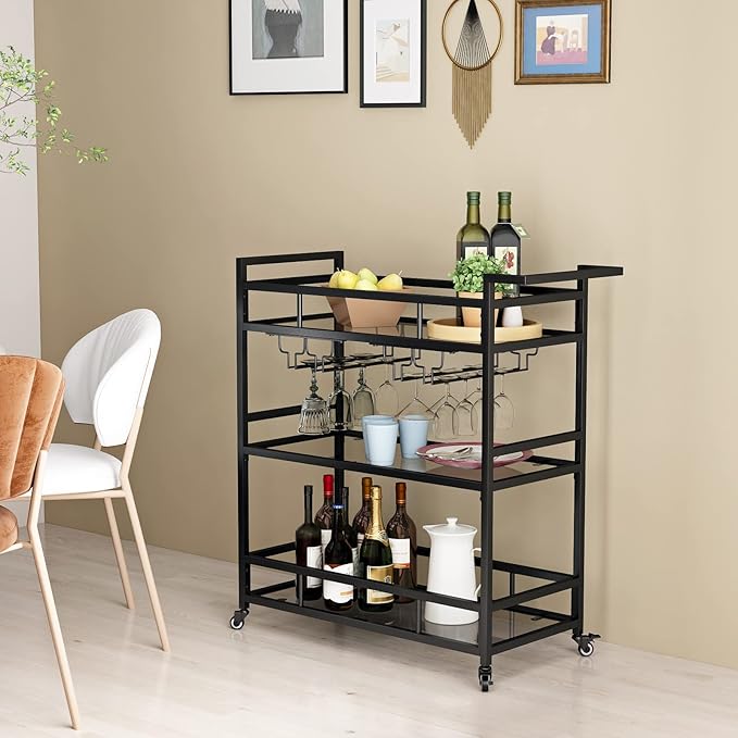 Black Metal Bar Carts with 3 Tier Glass Shelves, Rolling Serving Bar Cart with - Image 5