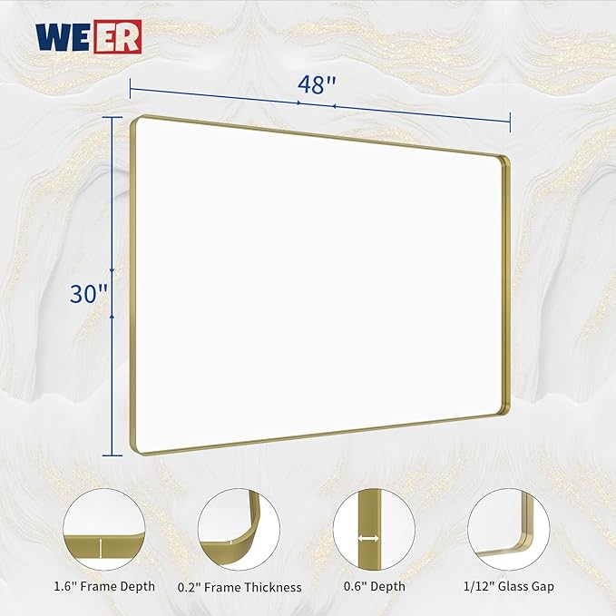 WEER Gold Bathroom Mirror, 48X30 Inch Brushed Gold Metal Frame Mirror, Rounded - Image 6